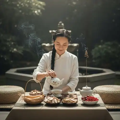 A serene tea ceremony with traditional Chinese medicine herbs and mindful elements